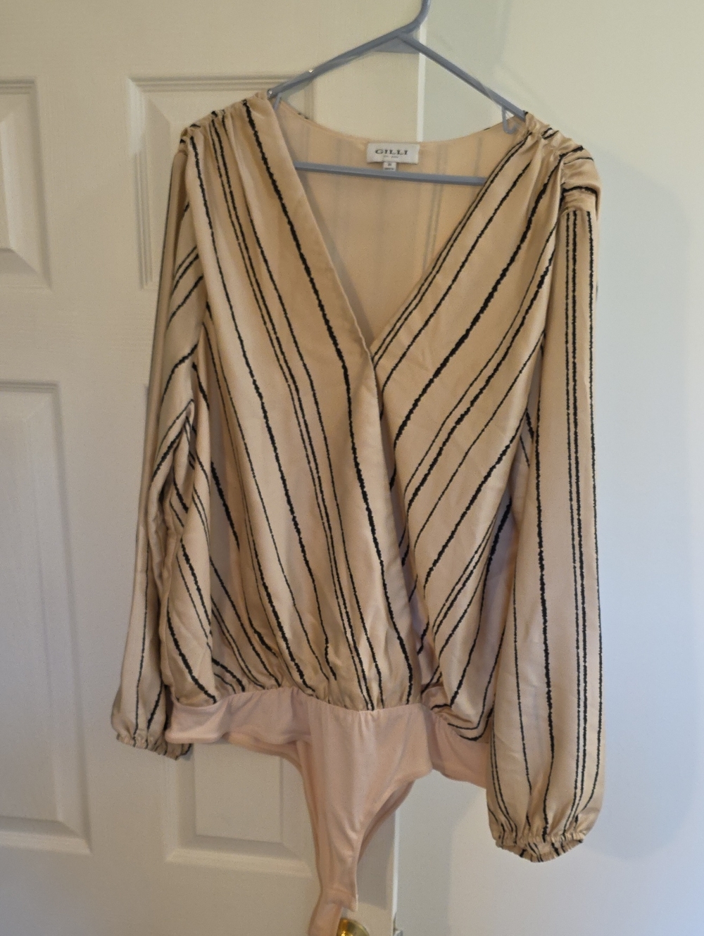 Gilli Cream and Black Striped Wrap-Front Bodysuit
